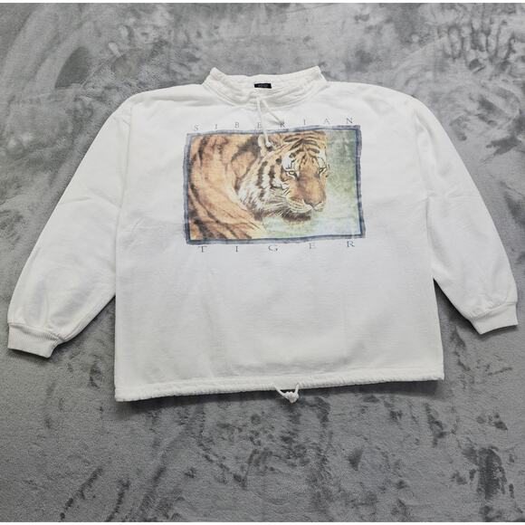 Vintage Wek The World Sweatshirt Mens 2 (XL) White Siberian Tiger Drawstring Hem - Picture 1 of 9